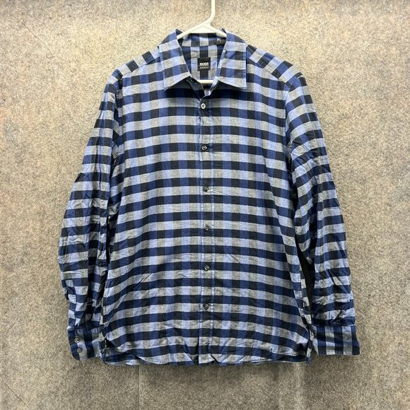 Hugo Boss Shirt Mens Medium Blue Stripes Button Down Lucas Buffalo Plaid Check - Picture 1 of 10